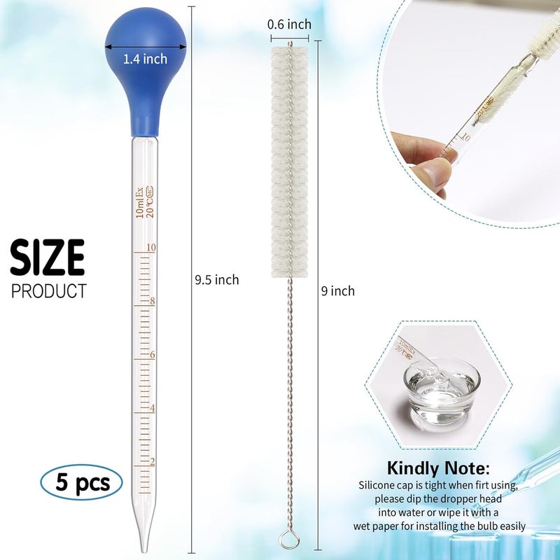 Asherxin 5 Pack 10ml Glass Pipette Dropper Lab Graduated Dropper Glass Liquid Pipette with 1 Pc Cleaning Brush for Liquid Essential Oil, Lab Dropper Pipettes Transfer with Rubber Cap - Image 2